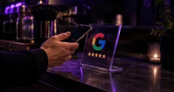 Cliente aproximando o celular de uma plaquinha de avaliação do Google no balcão