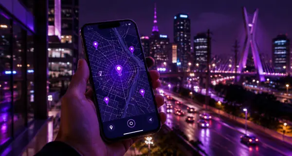Celular mostrando mapa com empresas locais em São Paulo