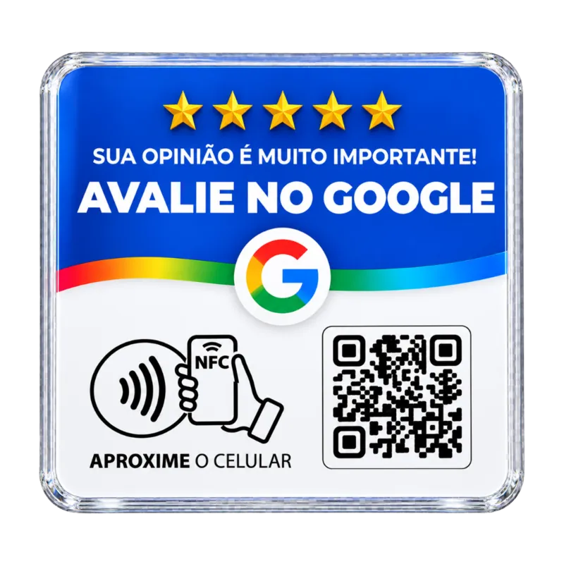 Plaquinha de Avaliação do Google modelo azul com NFC e QR Code