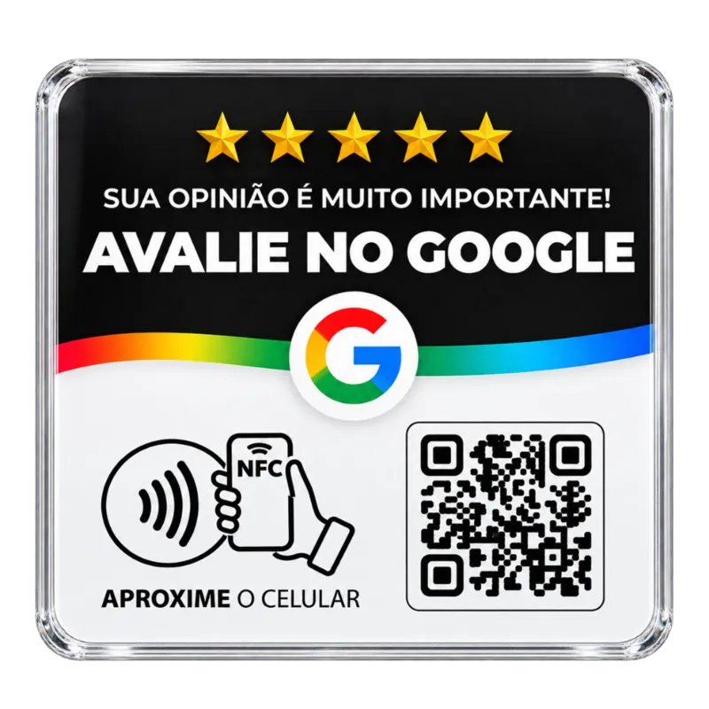 Plaquinha de Avaliação do Google modelo preto com NFC e QR Code